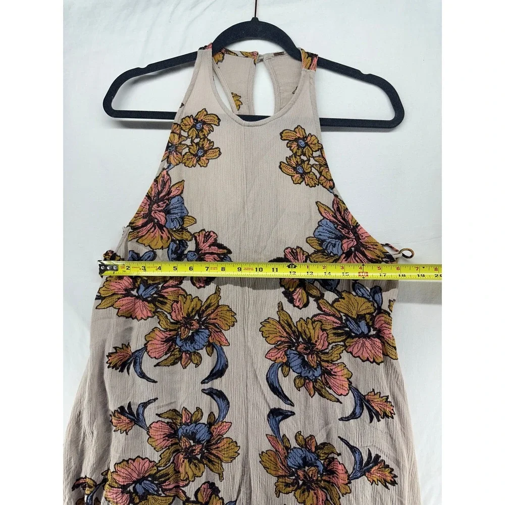 Free People Floral Lace Up Side Mini Dress Taupe Boho Sleeveless Size S